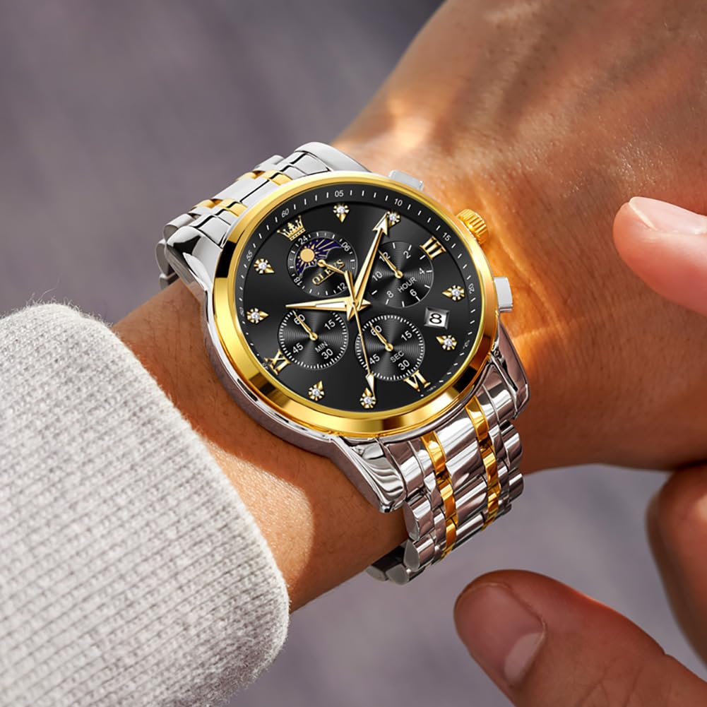 OLEVS Watch for Men Diamond Business Dress Analog Quartz Stainless Steel Waterproof Luminous Date Two Tone Luxury Casual Wrist Watch, silver black watches 3655, men watch