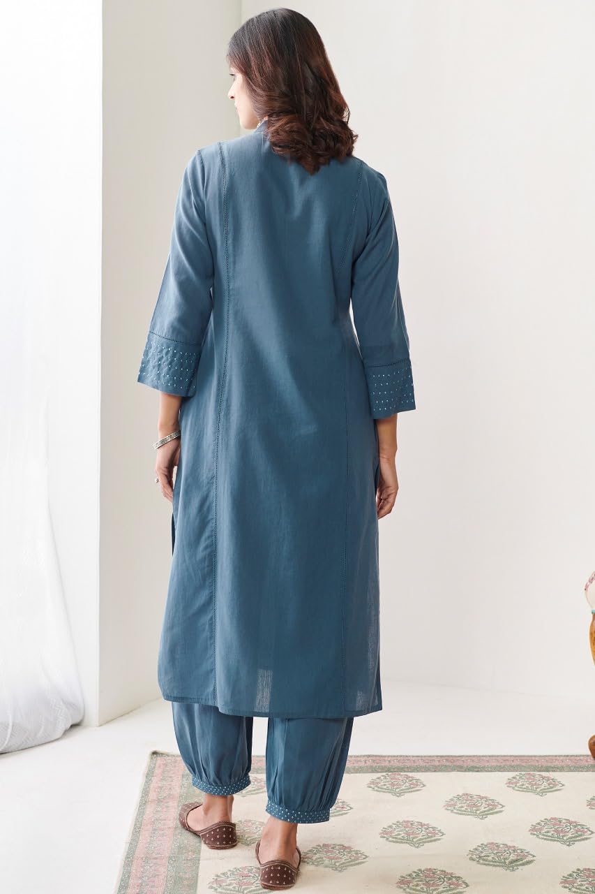 New Chapter Clothing Women's Cotton Kurta Set with Dupatta, Round Neck, Straight Fit, 3/4 Sleeve, Embroidered, Calf Length (Pack of 1) (in, Alpha, XL, Regular, Firoji)