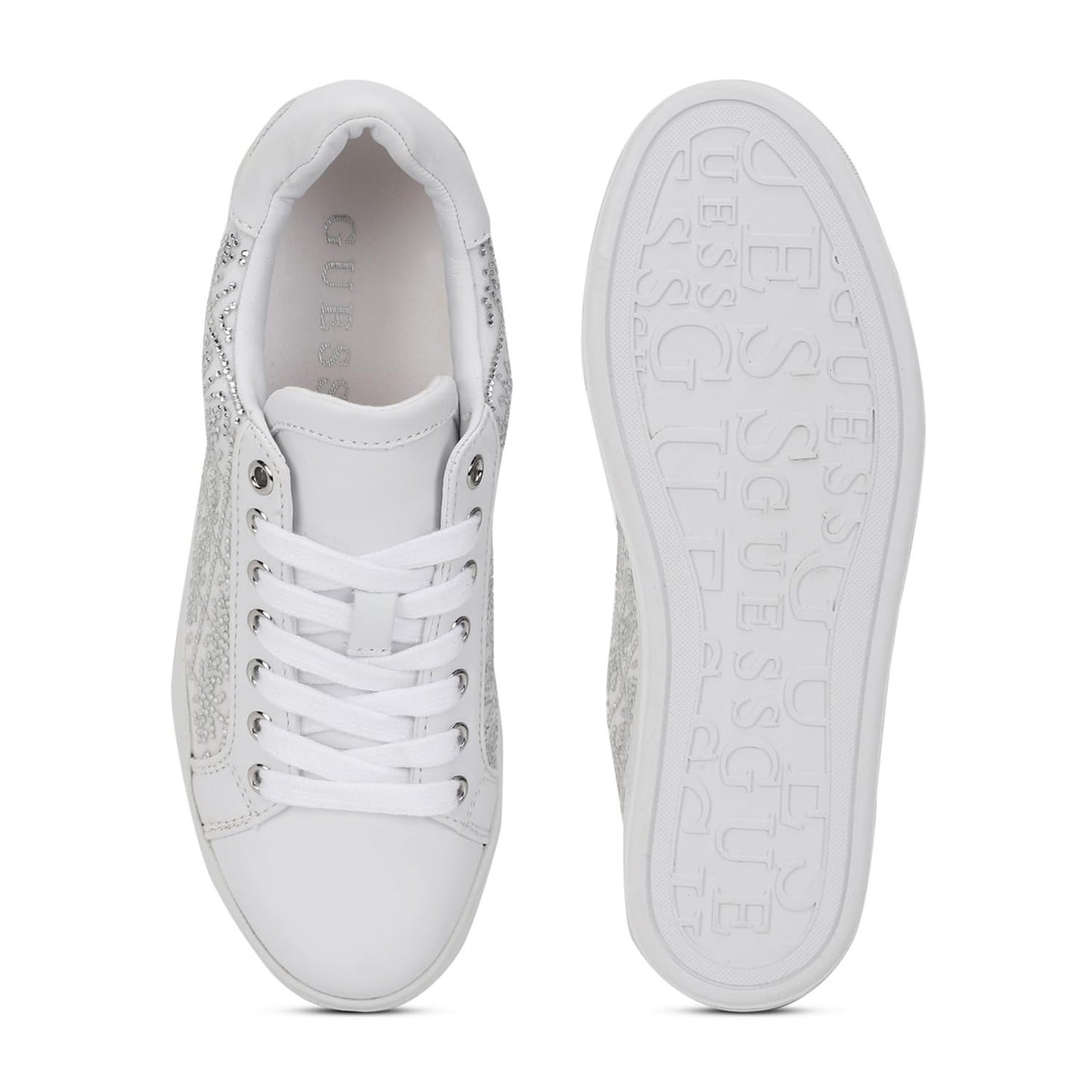 GUESS Women White Embellished Lace-Up Sneakers