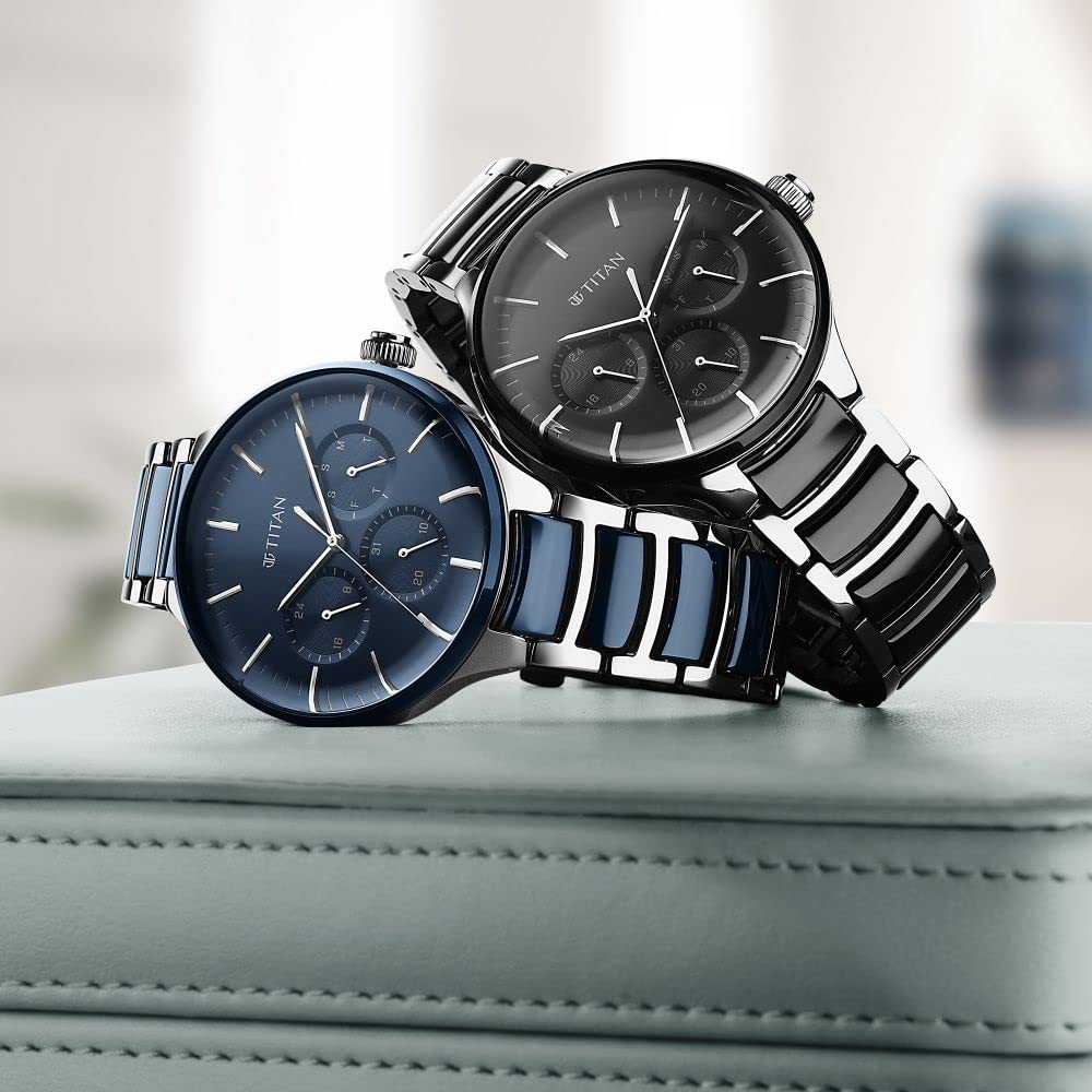 Titan Ceramic Fusion Quartz Multifunction Midnight Blue Dial Two Toned Silver and Metallic Blue Stainless Steel Bracelet Watch for Men - NT90148KD02