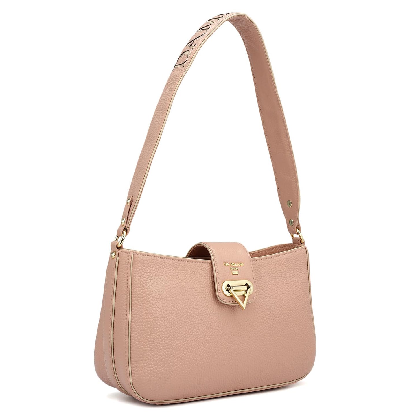 Da Milano Women's Leather Shoulder Bag – Pink | Genuine Leather Handbag with Gold Hardware, Broad Shoulder Strap & Secure Clasp Lock | Elegant Everyday Purse