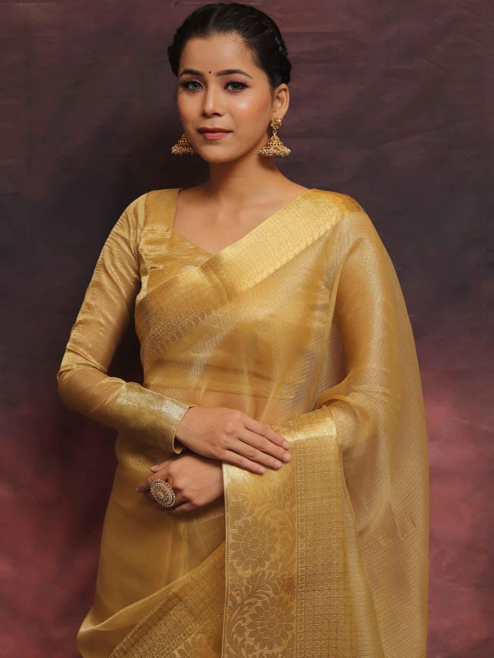 Women's Glory Womens Kanjivaram Banarasi Silk Saree Blend Woven Zari with Jacquard Woven Unstitched Blouse Piece. (Gold Tissue Plain)