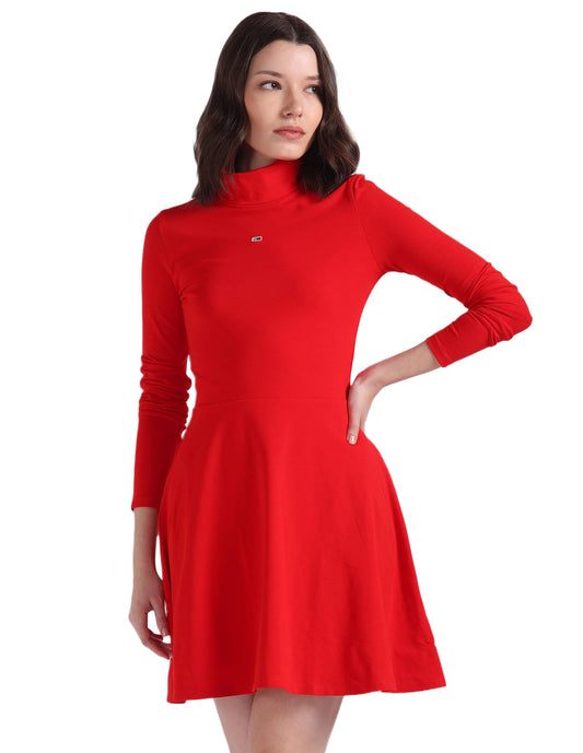 Tommy Hilfiger Women's Cotton Fit and Flare Knee-Length Dress (S24JWDR005_Red_S)