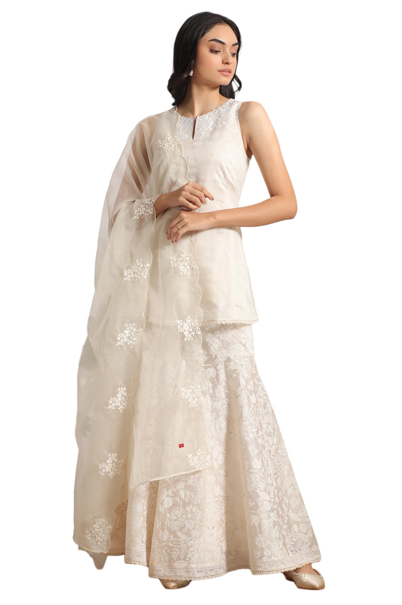 W for Woman White Printed Chanderi Short Kurta, Sharara and Dupatta Set (Size: XL)-WS12349-125210