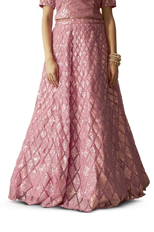 Soch Womens Blush Pink Net Geometric Pattern Sequin Embellished Unstitched Lehenga Set