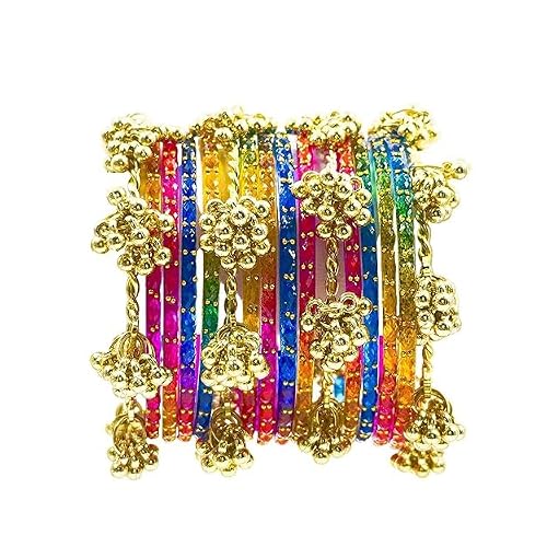 BANGLESKART 16pc dark Multi Color Glass Bangles Set Viral Kashmiri Ghungroo Chuda with Heavy Gold Guchha Charms Traditional Jewelry Women Multicolor