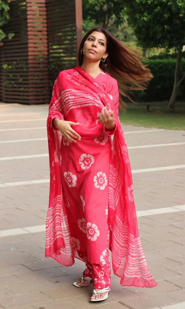 SANGOURI Women's Casual Rayon Floral Printed V Neck Straight Traditional Suit Salwar with Dupatta || Matching Kurta Pant Sets || Festive Ethnicwear (IN, Alpha, M, Red)