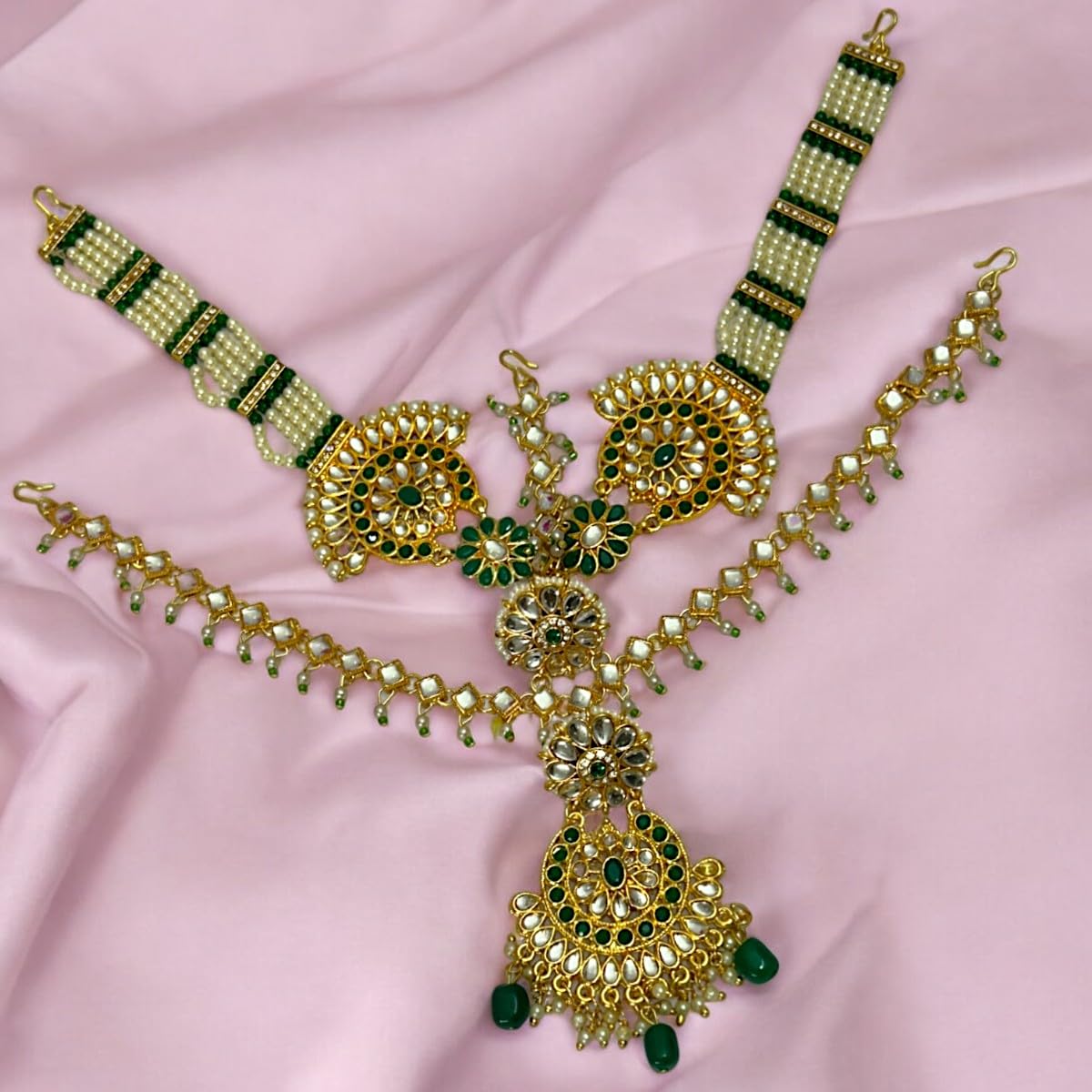 Accessher Gold Plated Traditional Kundan & Pearl Bridal Mathapatti/Sheeshphool with Transparent Invisible Maangtikka Supporter for Women & Girls.