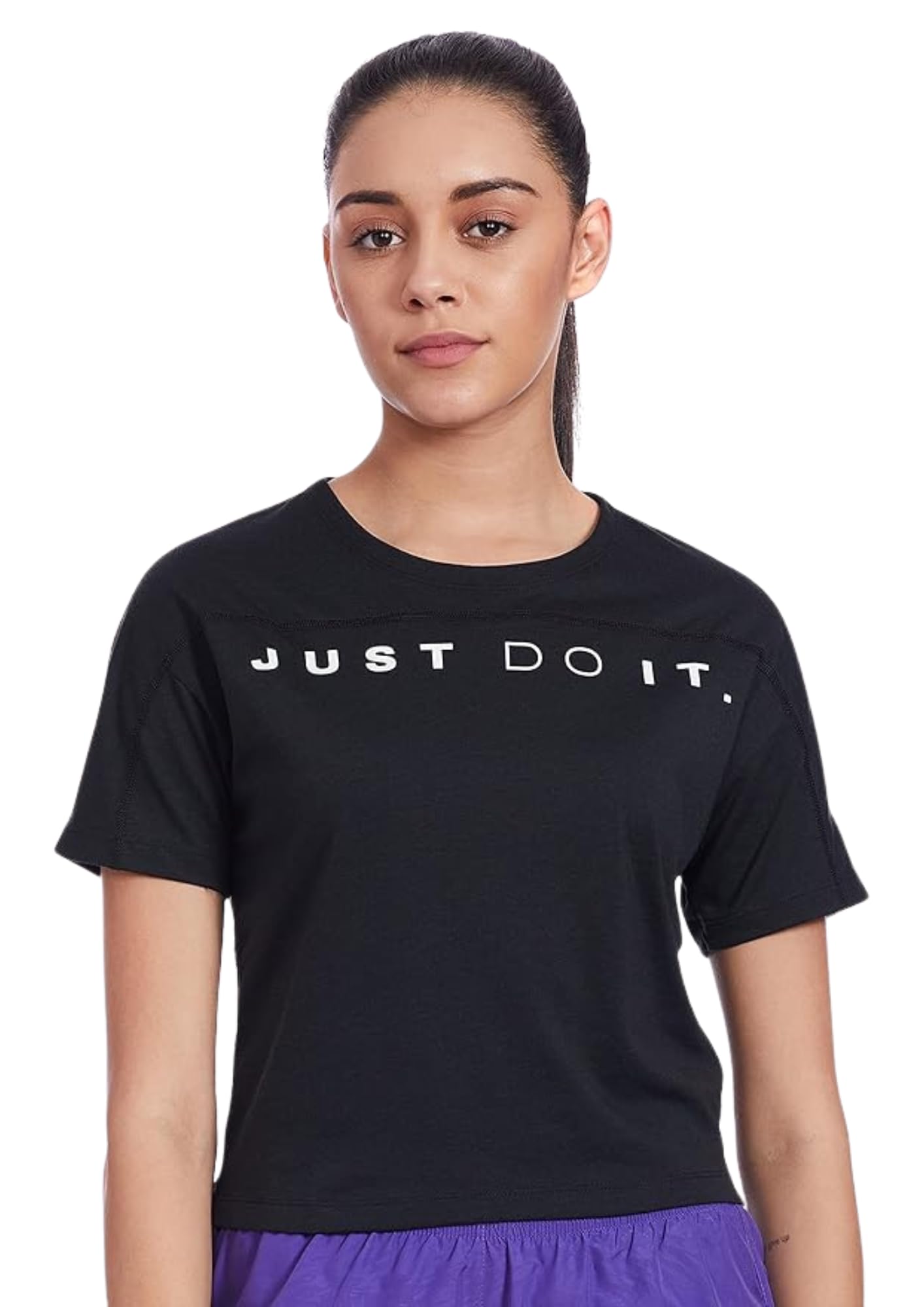 Nike Women's Plain Regular fit T-Shirt (CT6971-010_Black/White S)