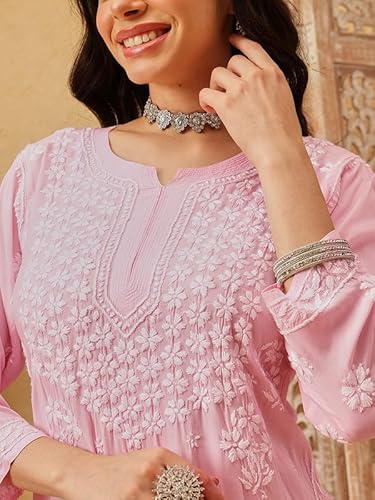 Ada Hand Embroidered Lucknowi Chikankari Straight Modal Kurta Kurti for Women A411801 Pink (4XL)