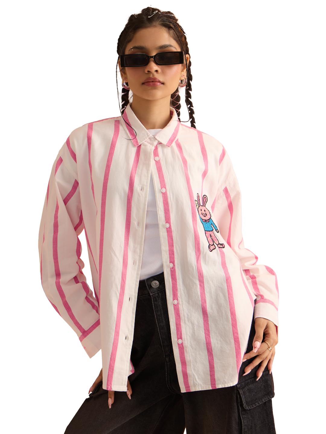 The Souled Store Pink Stripes: Clover Bunny Women and Girls Long Sleeves Spread Collar Button Front Striped Embroidered Cotton Oversized Fit Lightweight Comfortable All-Season Boyfriend Shirt