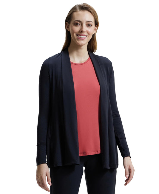 Jockey JW53 Women's Tencel Lyocell Elastane Stretch Relaxed fit Full Sleeve Shrug with Front Closure Buttons_Black_L