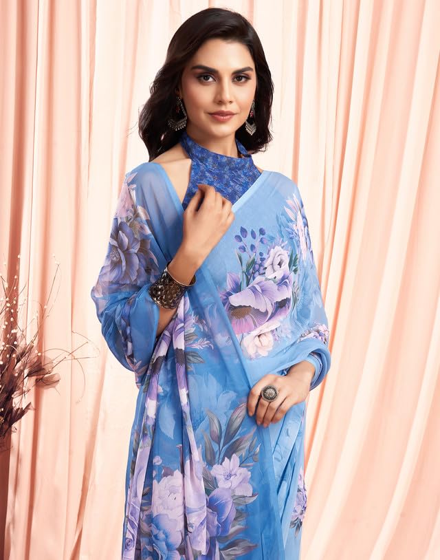 SIRIL Women's Georgette Floral Printed Saree With Unstitched Blouse Piece (3505S115A_Blue)