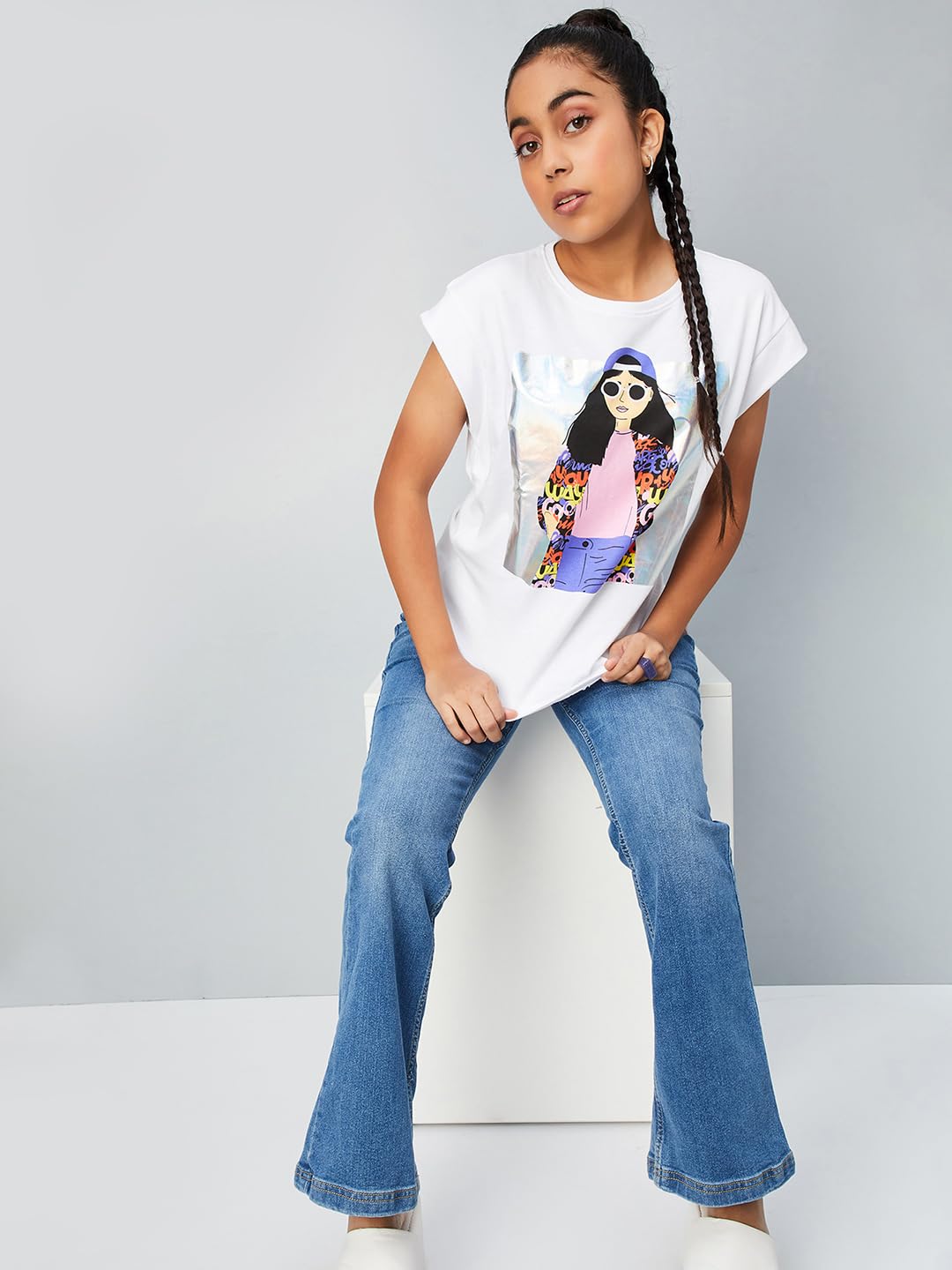 Max Girls Metallic Printed T-Shirt (S24EKT12WHITE)_15-16Y