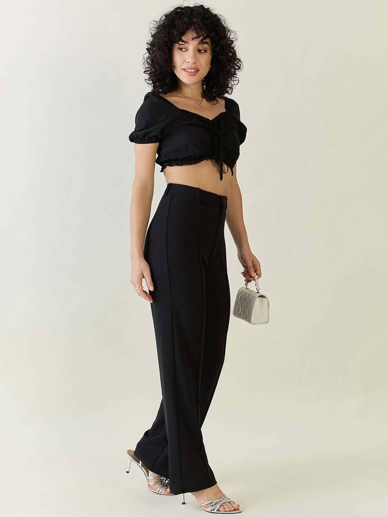 KOTTY Women Solid Polyester Blend Black Trouser (Black,30)