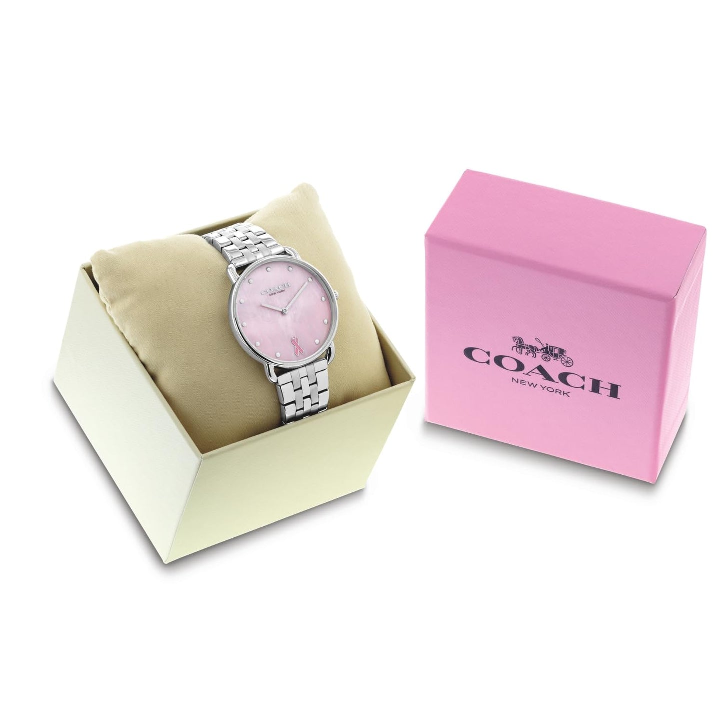 Coach Elliot Qtz Basic Pink Mother of Pearl Round Dial Women's Watch|Stainless Steel Material|Silver Color Band - 14504372