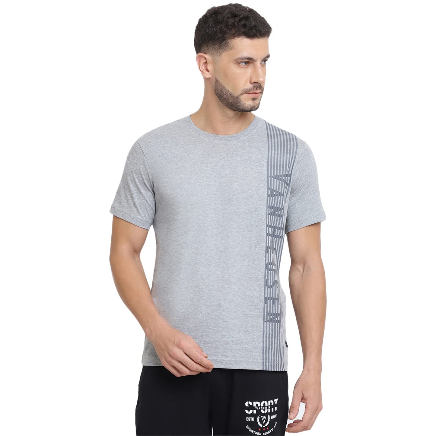 Van Heusen Men Cotton Athleisure Ultra Soft Regular Fit T-Shirt-Crew Neck, Short Sleeve_60044_Grey Melange_L
