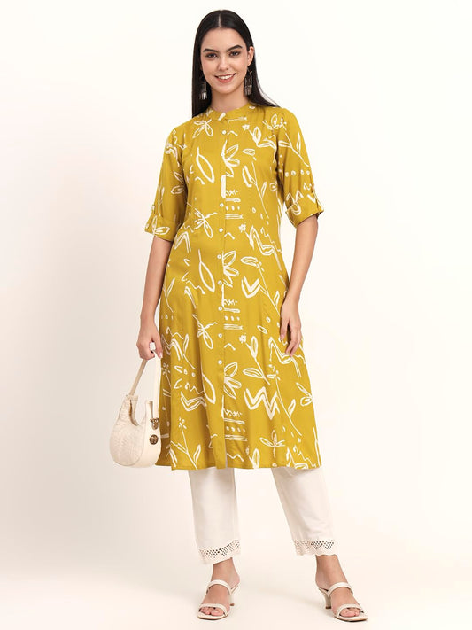 Divena Mustard Abstract Rayon A-Line Kurta (DBK1458)