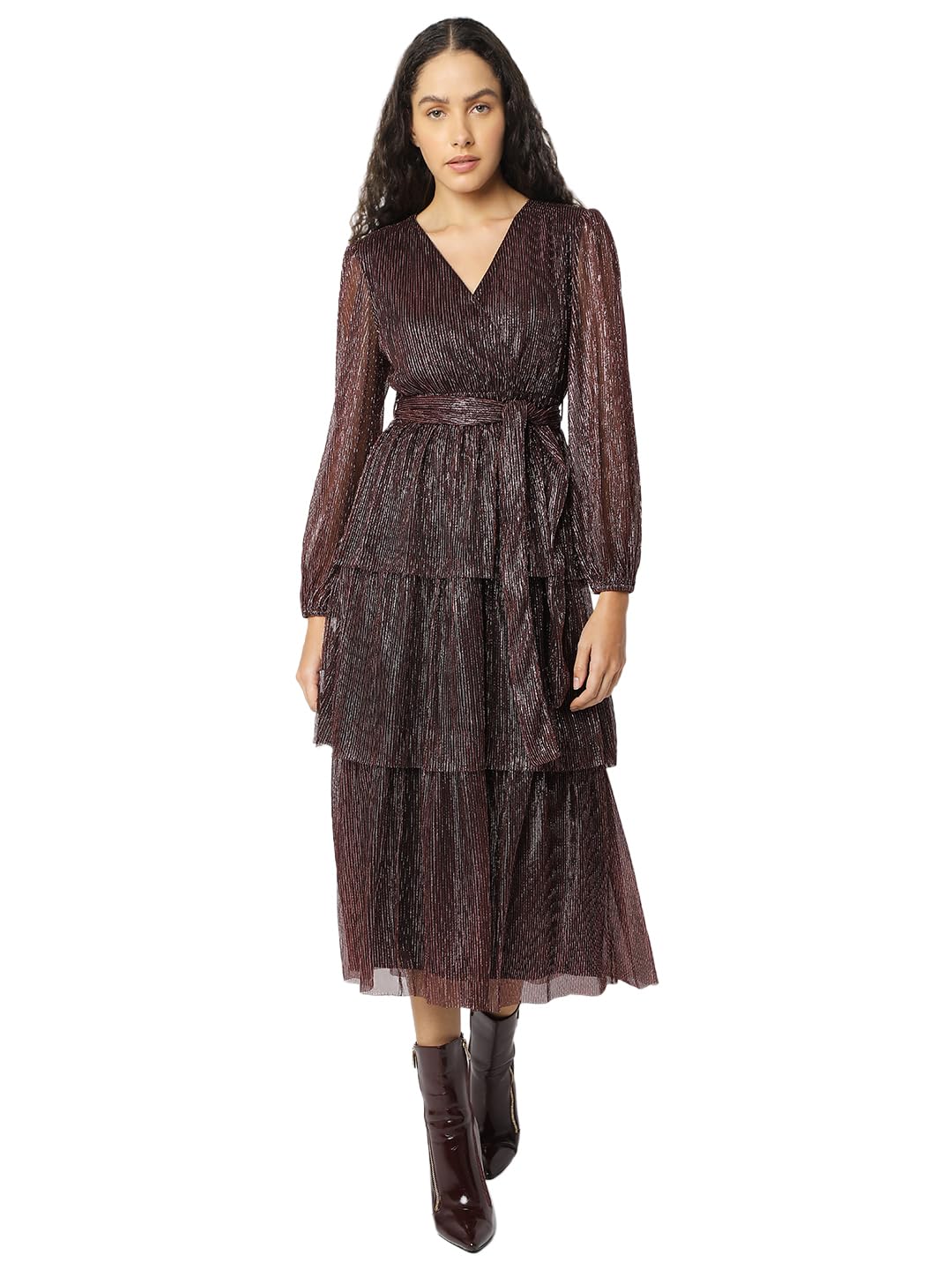 VERO MODA Women's Polyester Fit and Flare Midi Dress (9008812- Winetasting