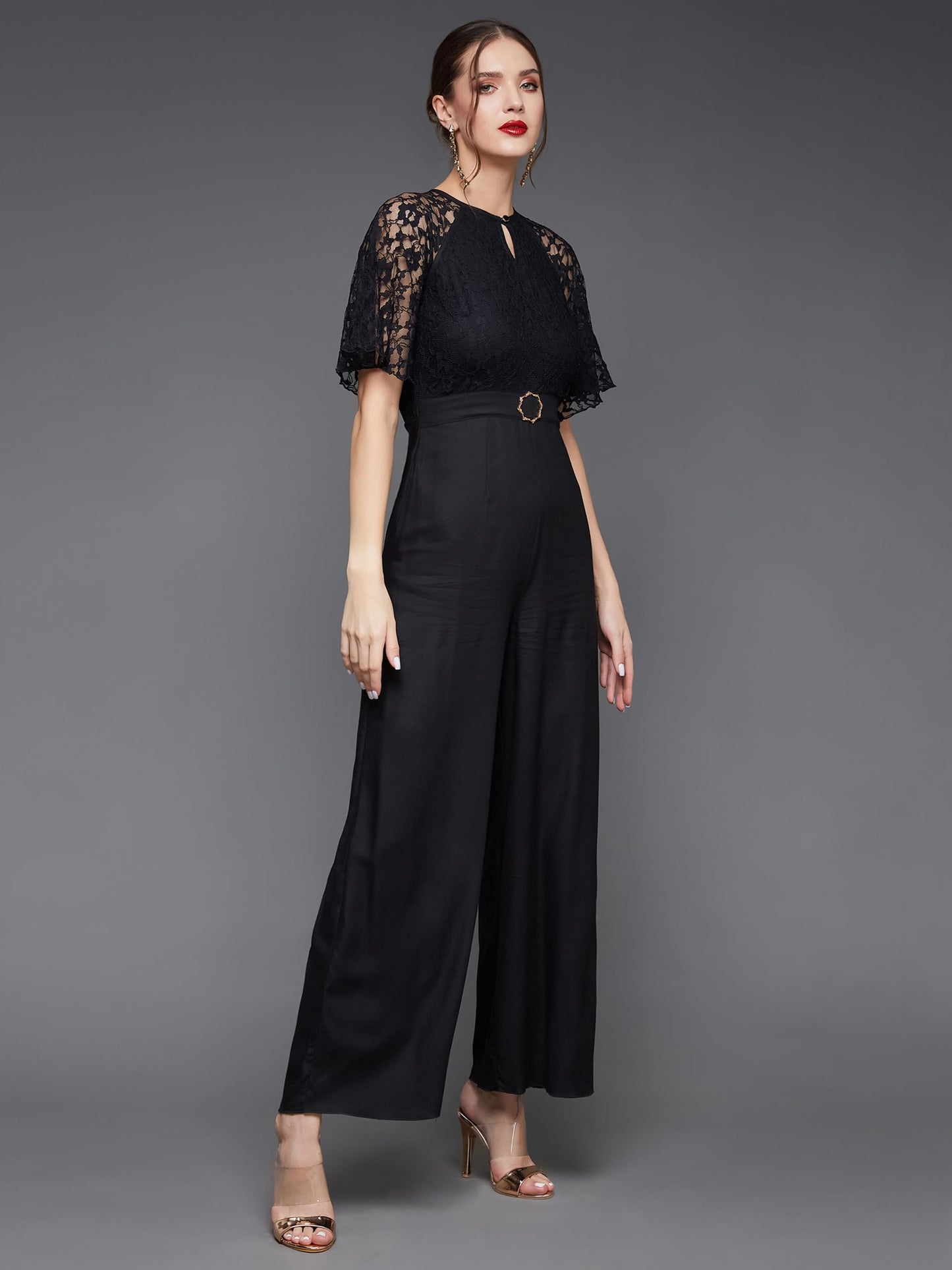 Miss Chase Women's Round Neck Flared Sleeve Floral Raglan Regular Jumpsuit (MCSS23D15-69-668-07, Abyss Black, 2XL)