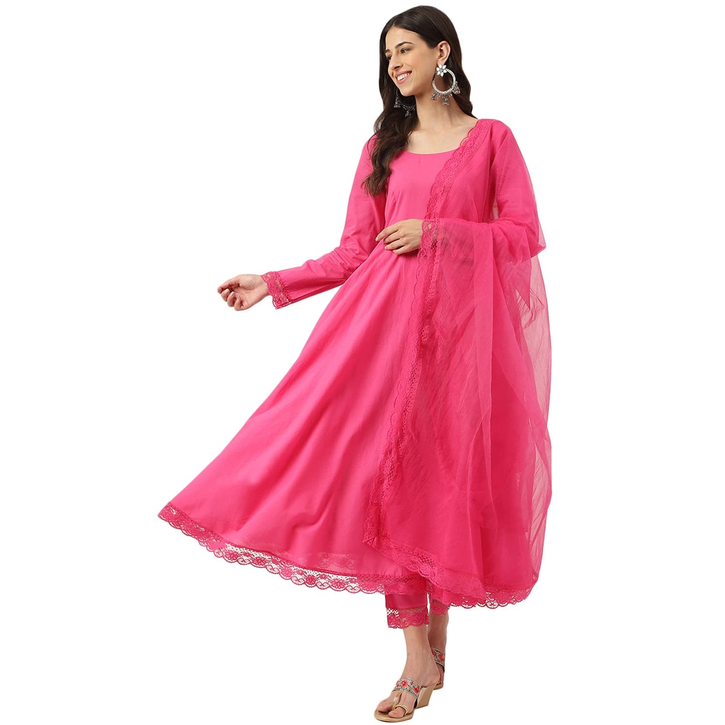 Divena Pink Solid Anarkali Kurta Pant set with Dupatta