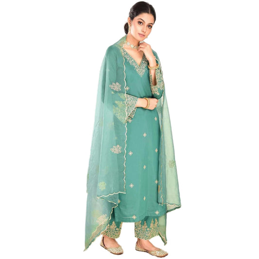 TWINLIGHT Women's Silk Blend Salwar Suit Set | V Neck Full Sleeves Embroidered Straight Length Kurta and Elastic Waistband Closure Solid Pant with Jacquard Border Dupatta | LF-NEHA_Rama_2XL
