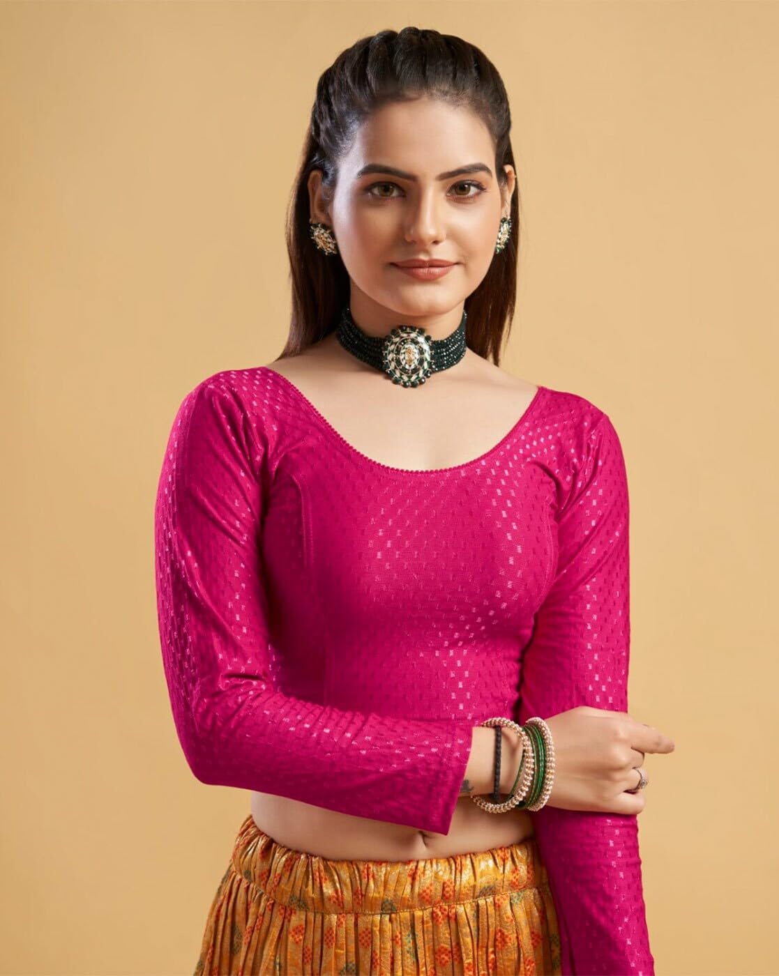 EVELIX Stylish Women's Full Sleeve Blouses: Stretchable, Breathable Dobby Cotton, Round Scoop Neck Designs Perfect for Saree & Choli Blouse for Women (44, Magenta Pink)
