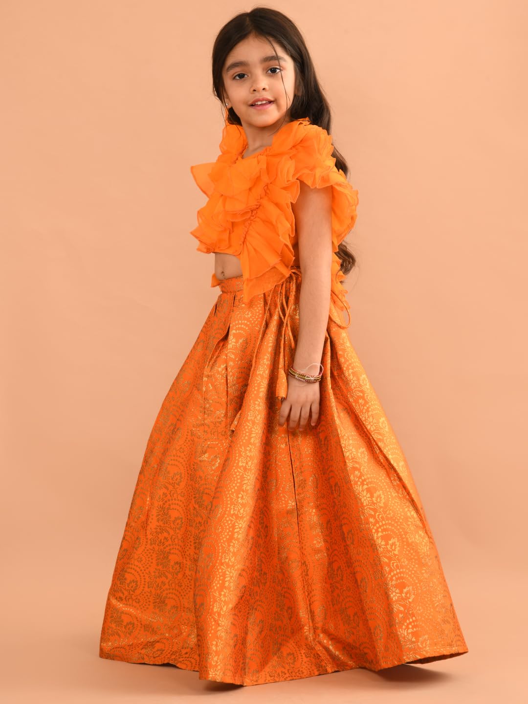 LILPICKS Ruffle Sleeveless Blouse with Brocade Flared Lehenga Set for Girls (Orange) (4-5Y)