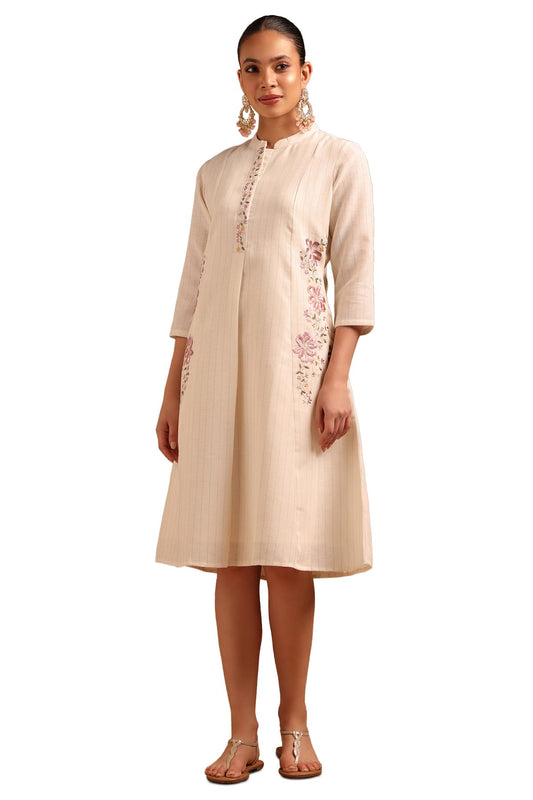 Soch Womens Off White Cotton Blend Floral Dress with Thread Work