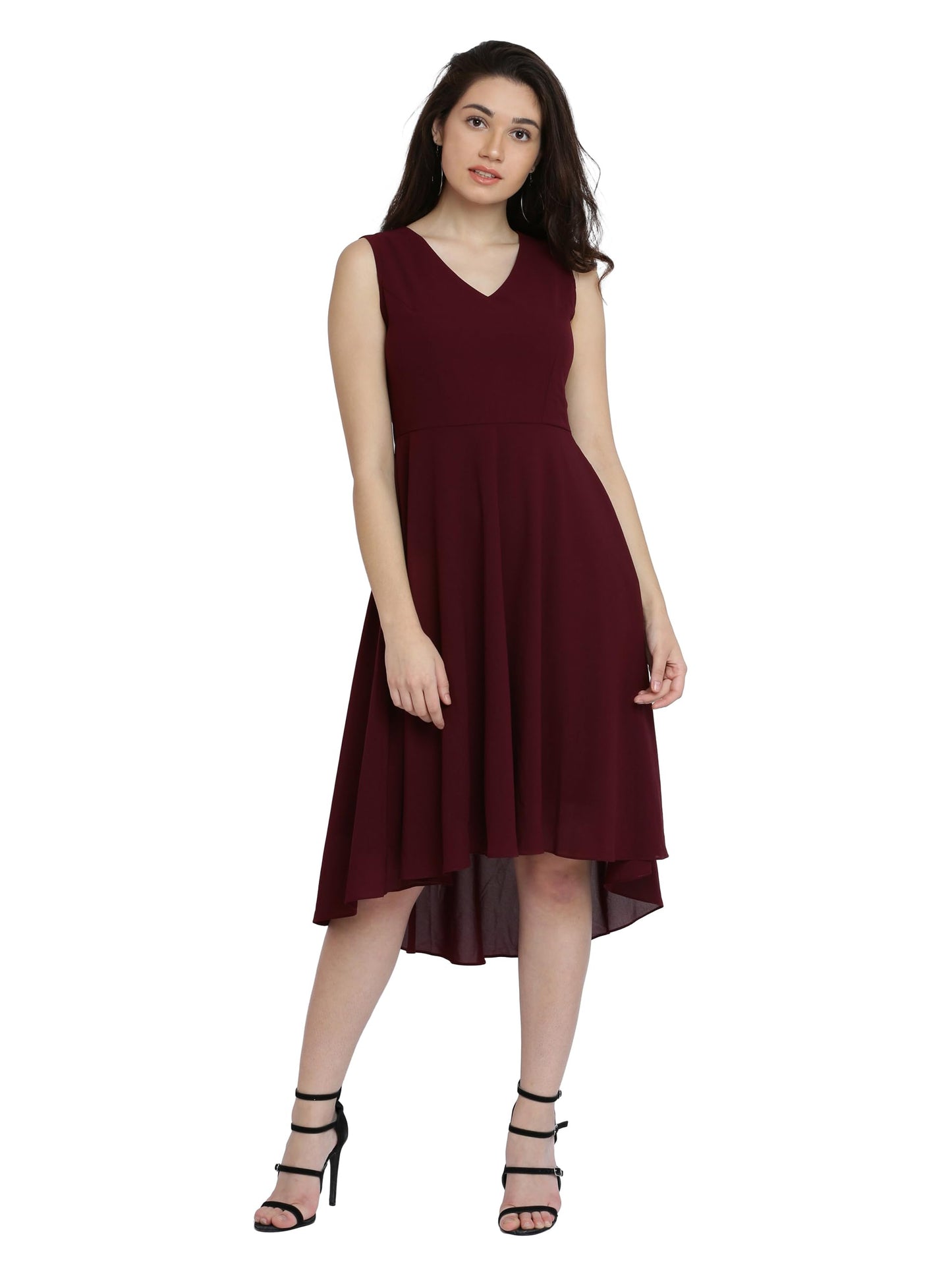 Miss Chase Women's Wine Red High-Low Midi Skater Dress(MCAW17D10-34-56-06_Wine Red_X-Large)