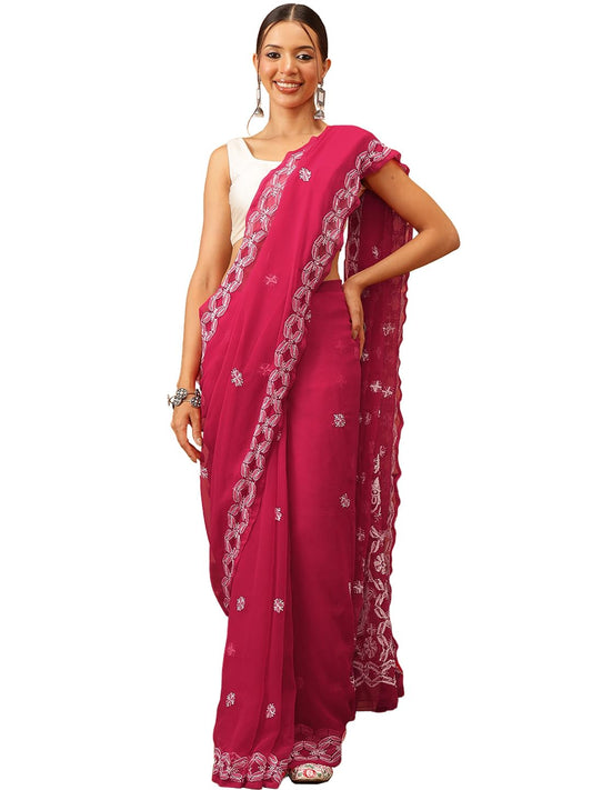 Ada Women's Hand Embroidered Lucknowi Chikankari Georgette Saree With Unstitched Blouse Piece A311379 Pantone Magenta