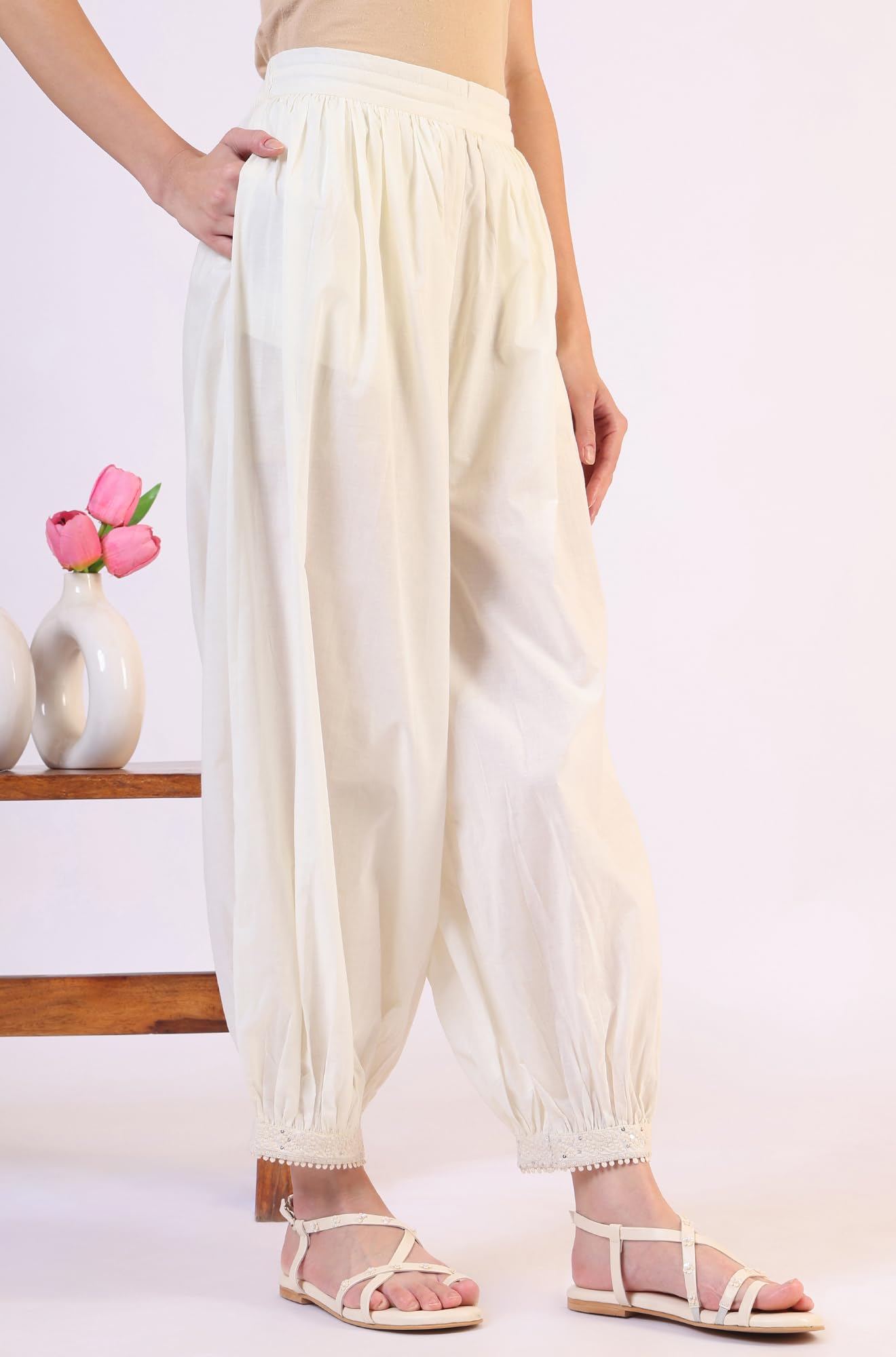 W for Woman Solid Pure Cotton Gathered Salwar (Size: L)-W63150-218090 Ecru