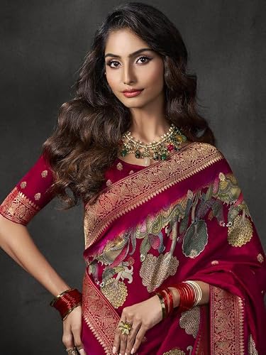 Meena Bazaar Maroon Woven Art Silk Saree With Blouse Piece