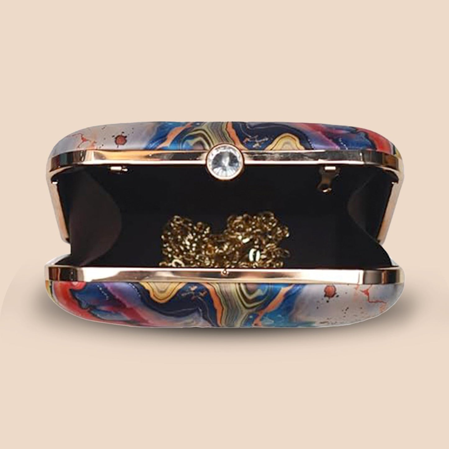 Artklim Multicolor Abstract Printed Box Clutch Bag with Detachable Strap Chain - Designer Purse for Navratri & Cultural Functions