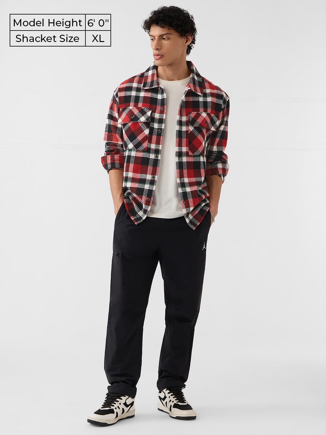The Souled Store Plaid Shacket: Volcano Men and Boys Long Sleeves Collared Neck Button Front Red Cotton Blend Oversized Shackets