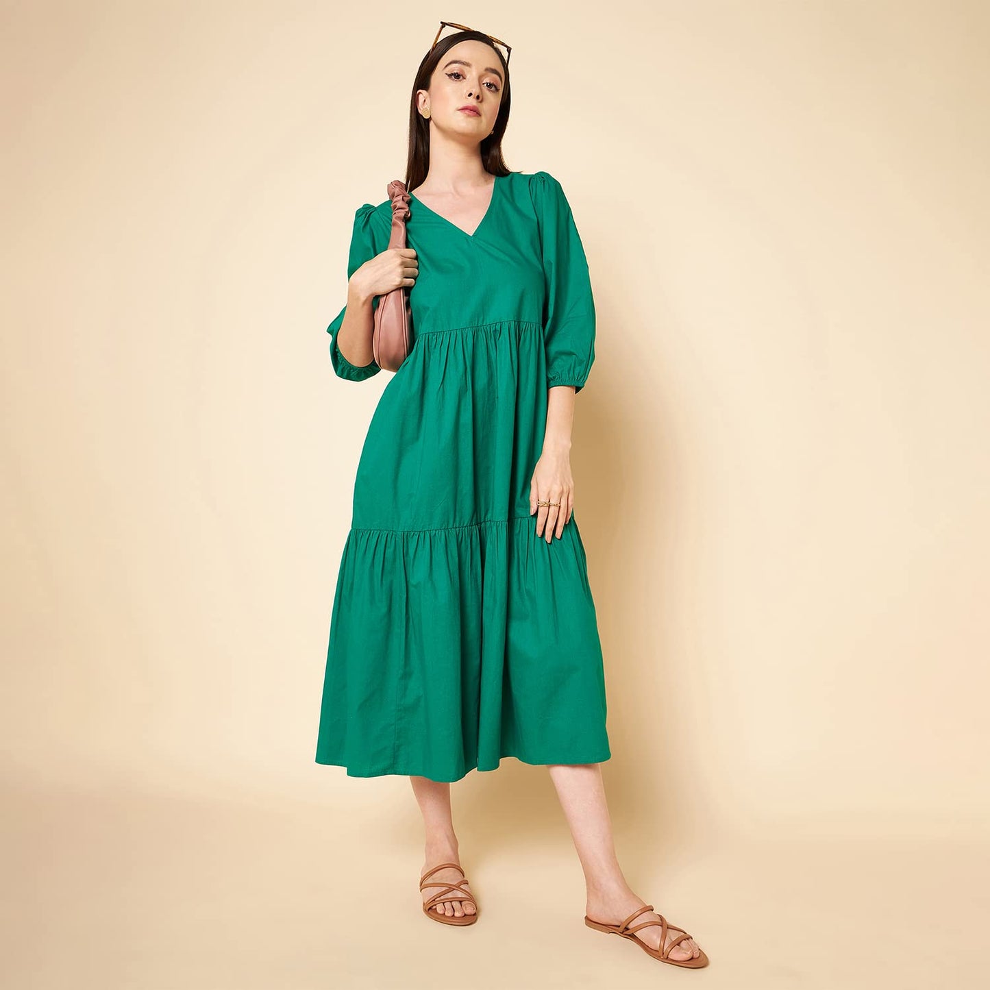 High Star Cotton Pleated Maxi Women Dress (HSWDRS23005_GN_Green