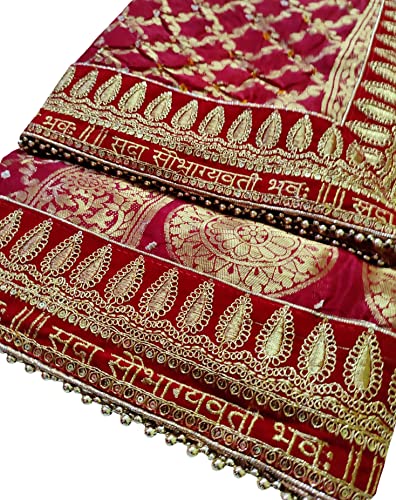 Navti Creations Women Wedding Bridal Red Dupatta In Banarasi Silk With Sada Saubhagyawati Bhaw Embroidery Border (2.25M) & 4 Side Moti Lace