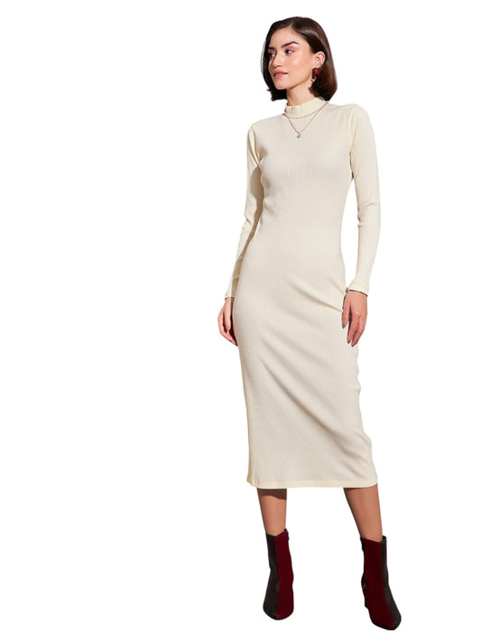 SASSAFRAS Women's Rib Midi Length Bodycon Dress (SFDRSS-V0004_Off-White_2XL)