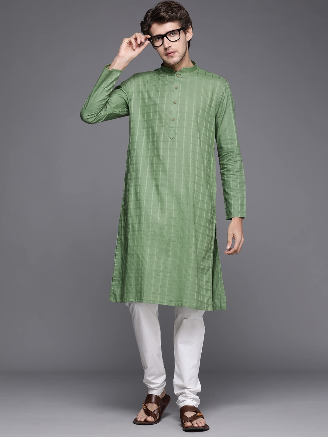 Manyavar Kurta Set for Men, Full-Sleeves Mandarin Collar Ethnic Kurta Set for Engagement, Wedding, Party Solid Kurta Set Blended Cotton (Green, XL)