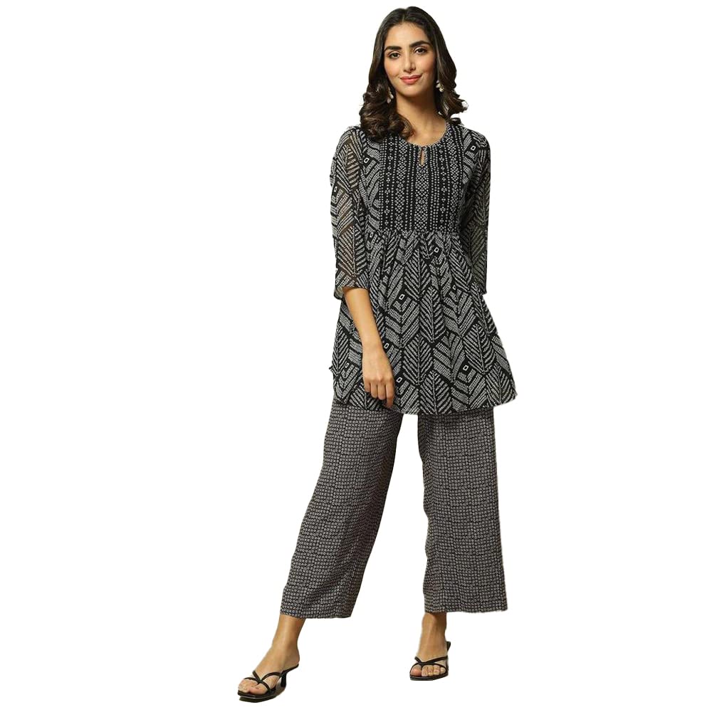 BIBA Women Mid Rise Printed Straight Mix and Match(Geo Trib19042_Black_L), Palazzo