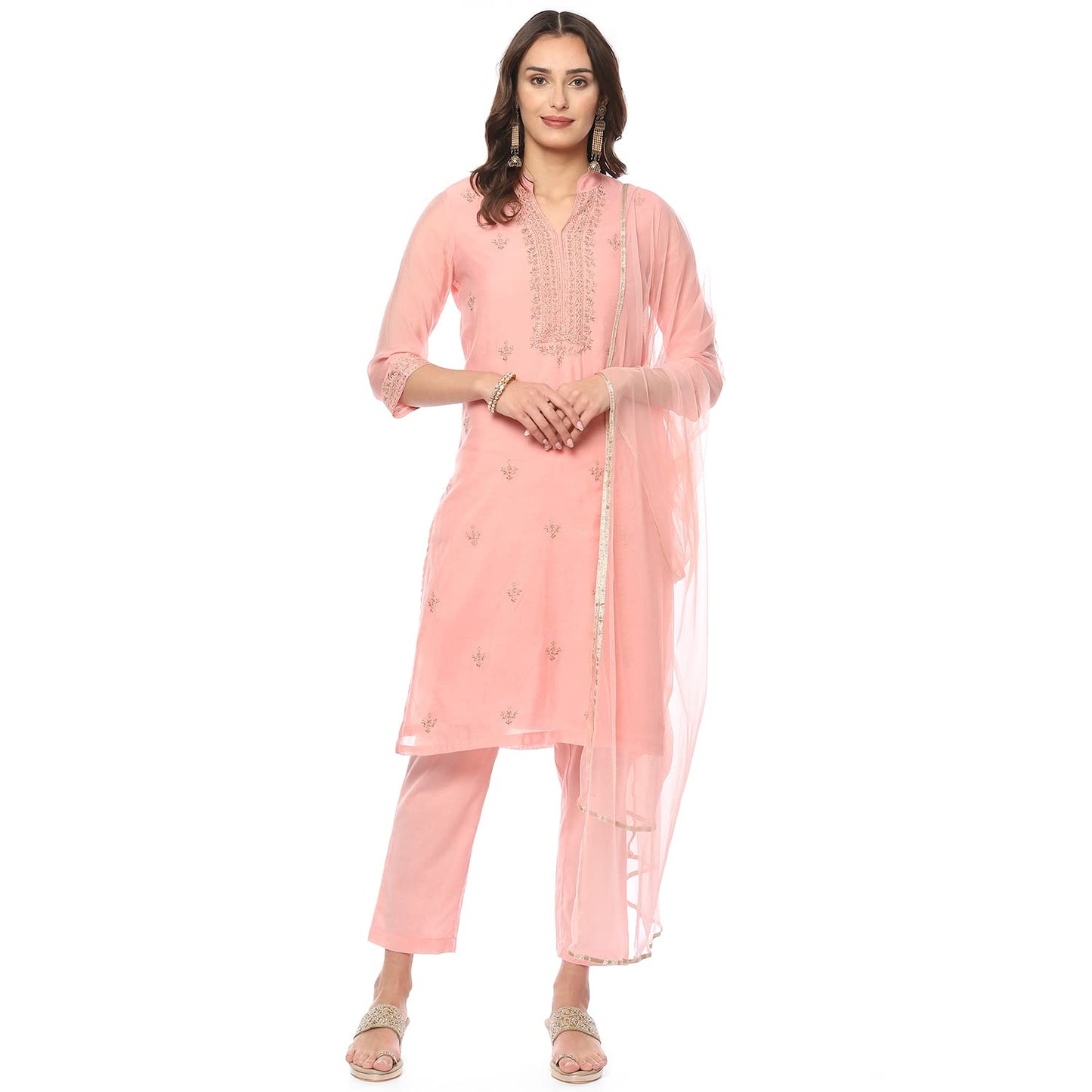 BIBA WOMEN EMBROIDERY NARROW SALWAR KURTA DUPATTA(SKDASSORTED8491_BLUSH PINK_46)