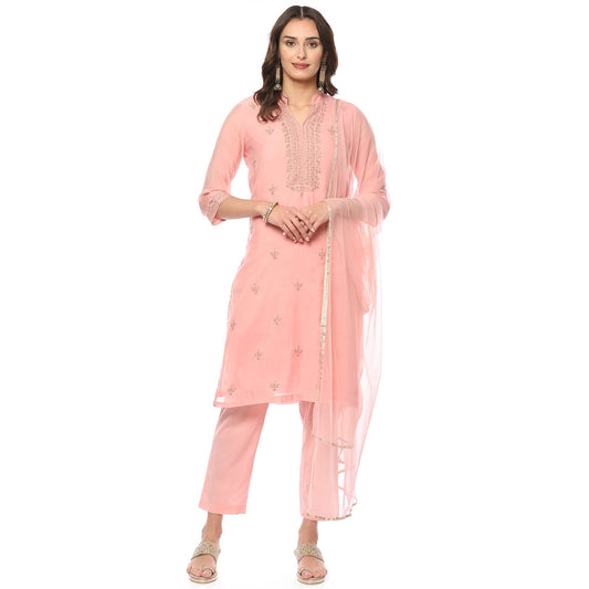 BIBA WOMEN EMBROIDERY NARROW SALWAR KURTA DUPATTA(SKDASSORTED8491_BLUSH PINK_46)