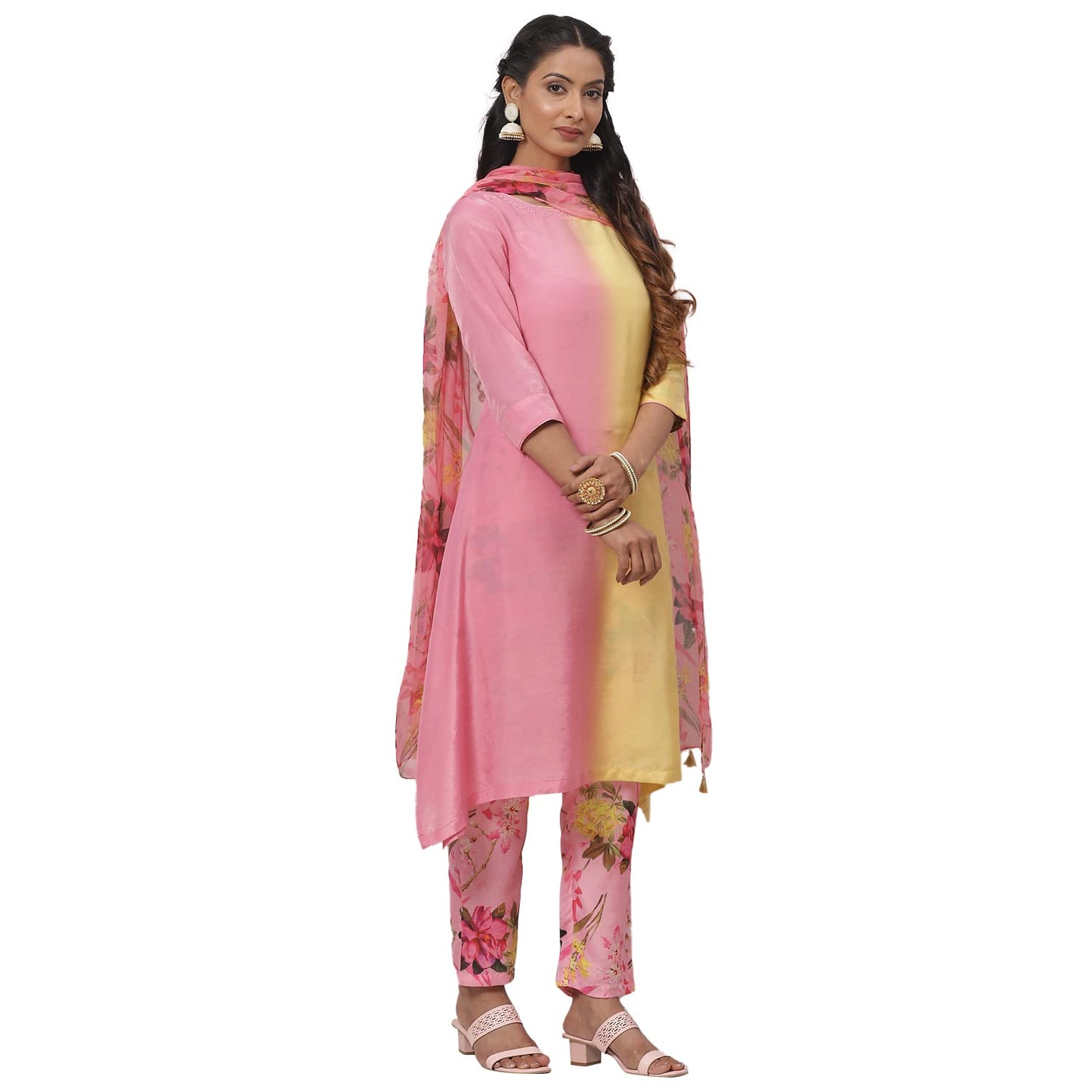 BIBA WOMEN PRINTED NARROW SALWAR KURTA DUPATTA(SKDCANDY KU7888_YELLOW-PINK_32)