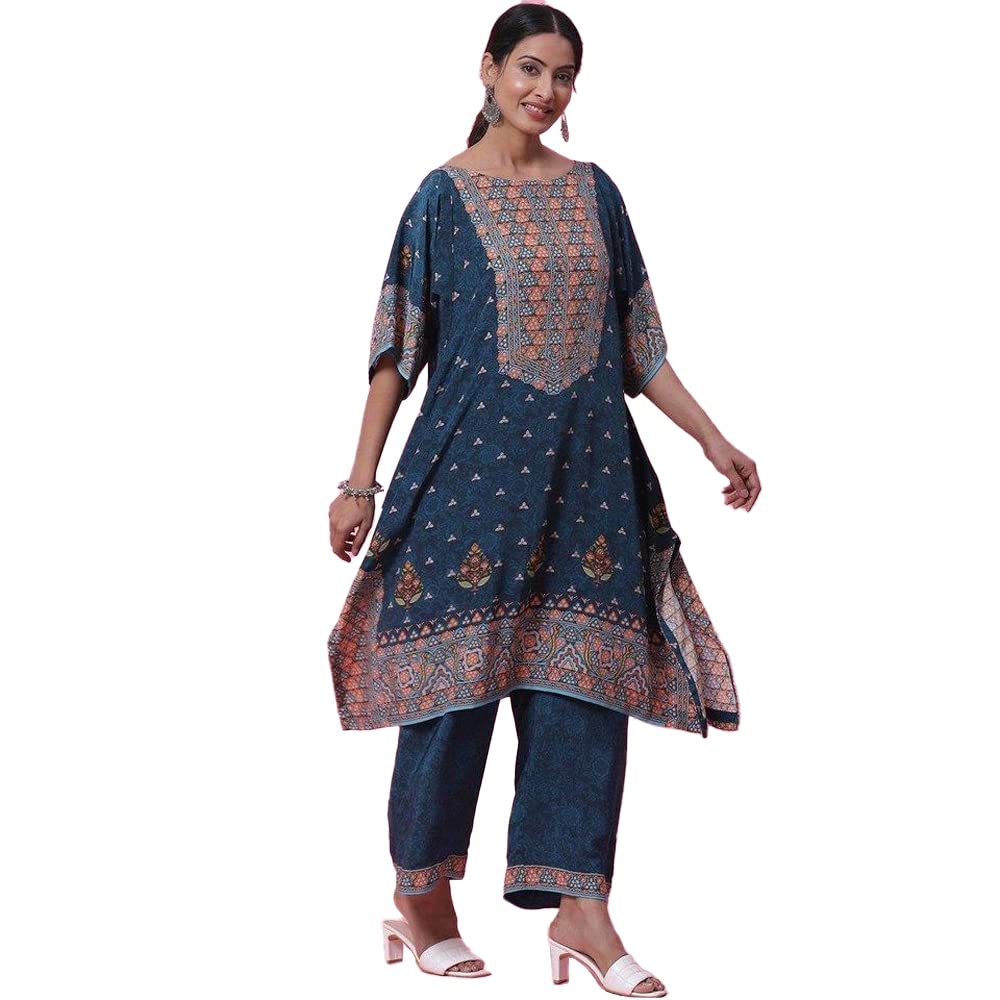 BIBA WOMEN PRINTED STRAIGHT SALWAR KURTA DUPATTA(SKDKAFTAN K7843_TEAL_42)