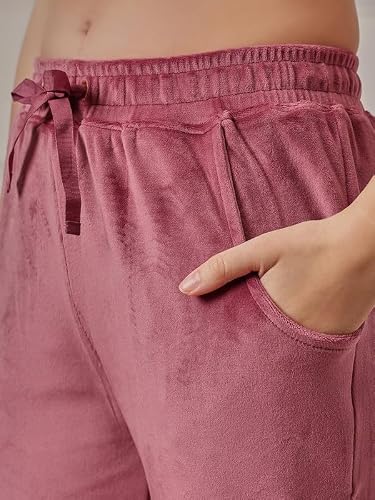 Clovia Women's Velour Button Down Shirt & Pyjama Set (LSW774R22_Pink_S)