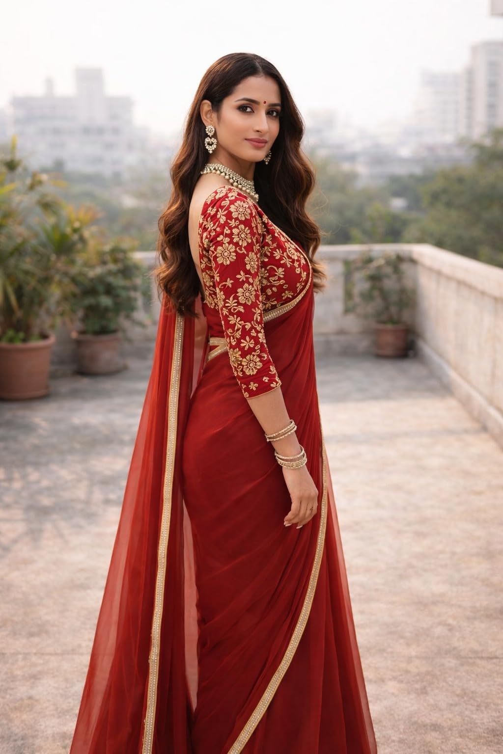 Ekasya Women Red Solid Pattern Embroidery Saree With Unstitched Blouse (E6370)