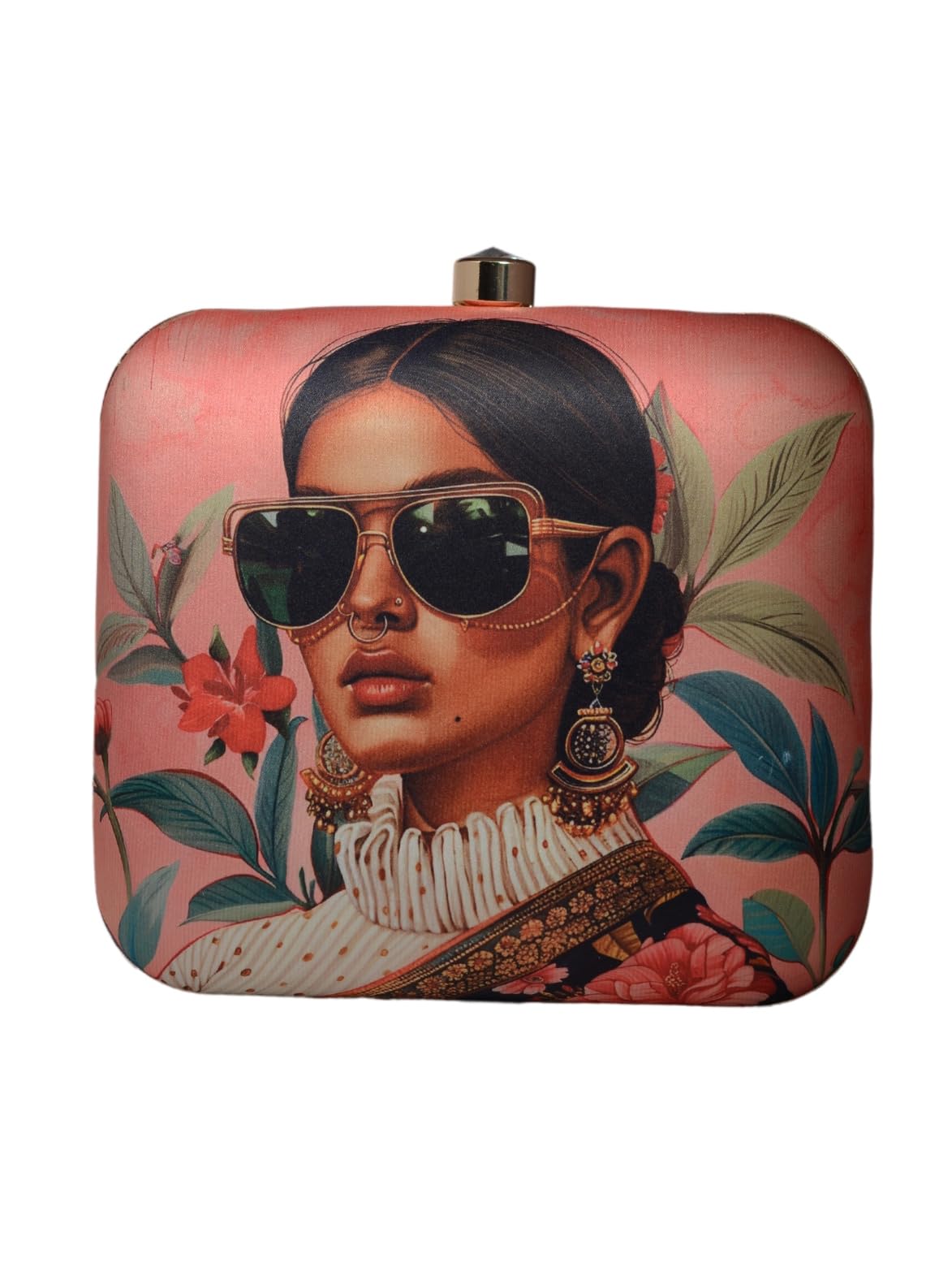 Artklim Pink & Green Mordern Indian Girl Printed Artistic Sling Bag for Women - Box Clutch with Golden Detachable Strap - Chic Fashion Handbag