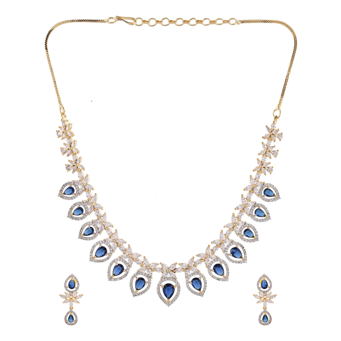 VOYLLA Sparkling Elegance Blue Allure American Diamond Necklace Set |Necklace Sets For Women| Short Necklace Set For Women|Wedding|Party|Gift For Women|American Diamond|Cz Necklace Sets|