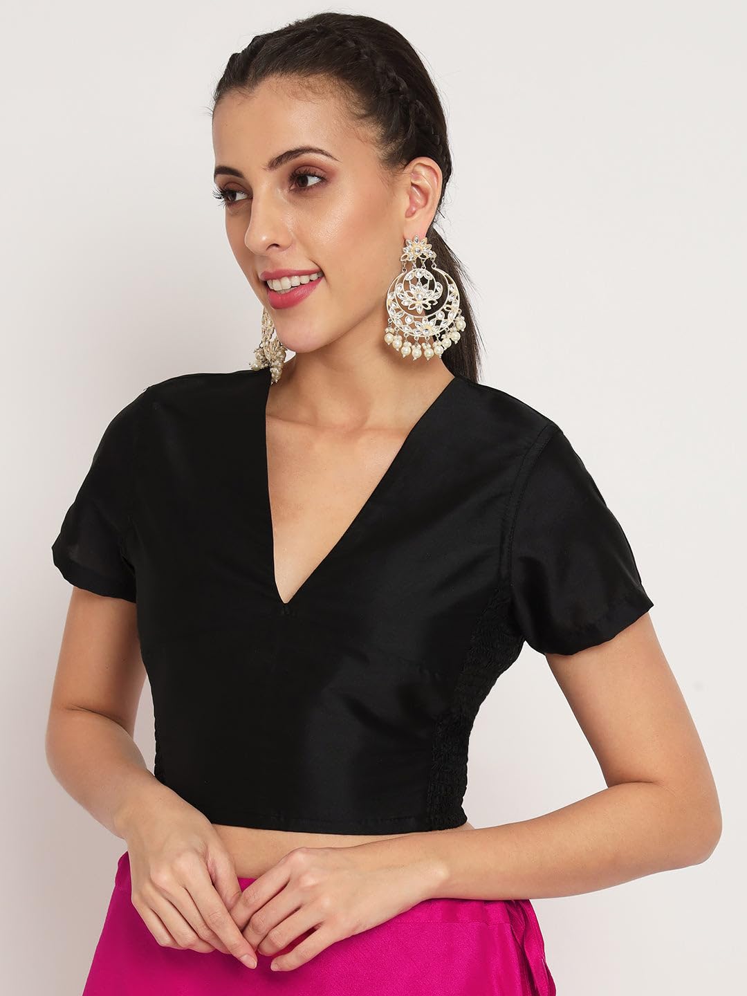 studio rasa Women's Silk Blend Stretchable Short Sleeve Blouse For Festive Wedding Party (Tpwc52337Xl_Bl_Black_X-Large)