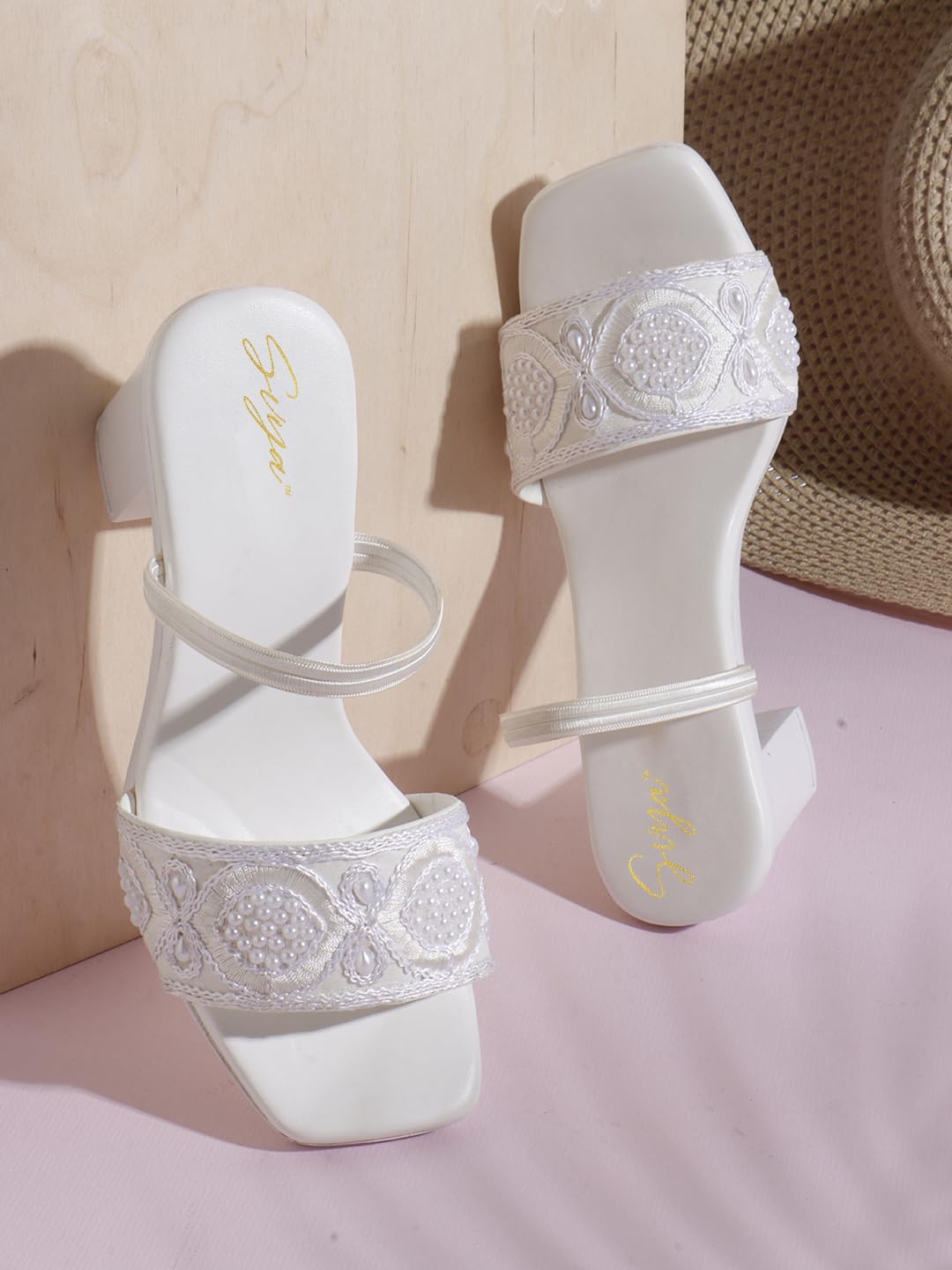 Handcrafted Embroidered Women Sandals with Square Toe, Mid Block Heel, and Supportive Back Strap for Ethnic Wear (White, UK Footwear Size System, Adult, Women, Numeric, Medium, 4)
